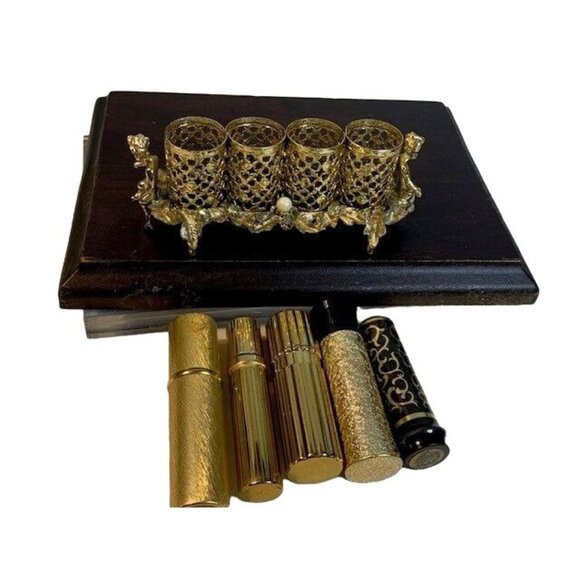 Hollywood Regency Gold Tone Filigree 4 Tube Lipstick Holder Cherub SF Sam Fink - Picture 1 of 9